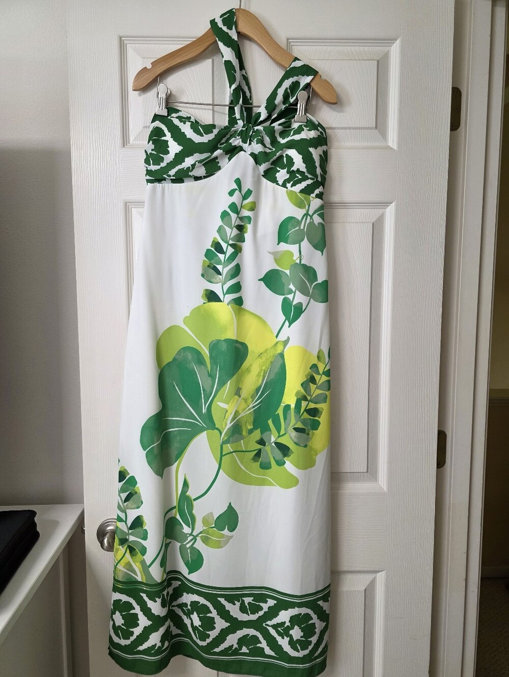 WHBM Green and White Tropical Print Halter Maxi Dress